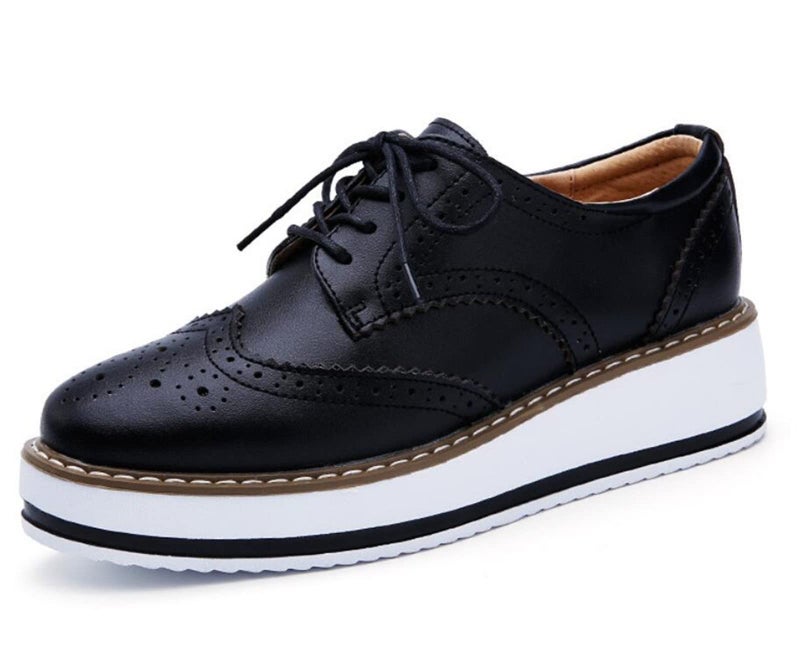 DADAWEN Women's Platform Lace-Up Wingtips Square Toe Oxfords Shoe Black Leather US Size 6/Asia Size 36/23cm - Image 1